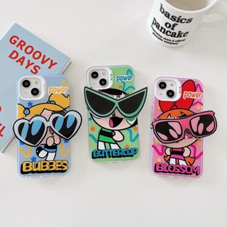 เคสโทรศัพท์มือถือ TPU นิ่ม กันตก ป้องกัน ลายการ์ตูน The Powerpuff Girls พร้อมขาตั้ง แบบสร้างสรรค์ สําหรับ iPhone 14 13 12 Pro Max