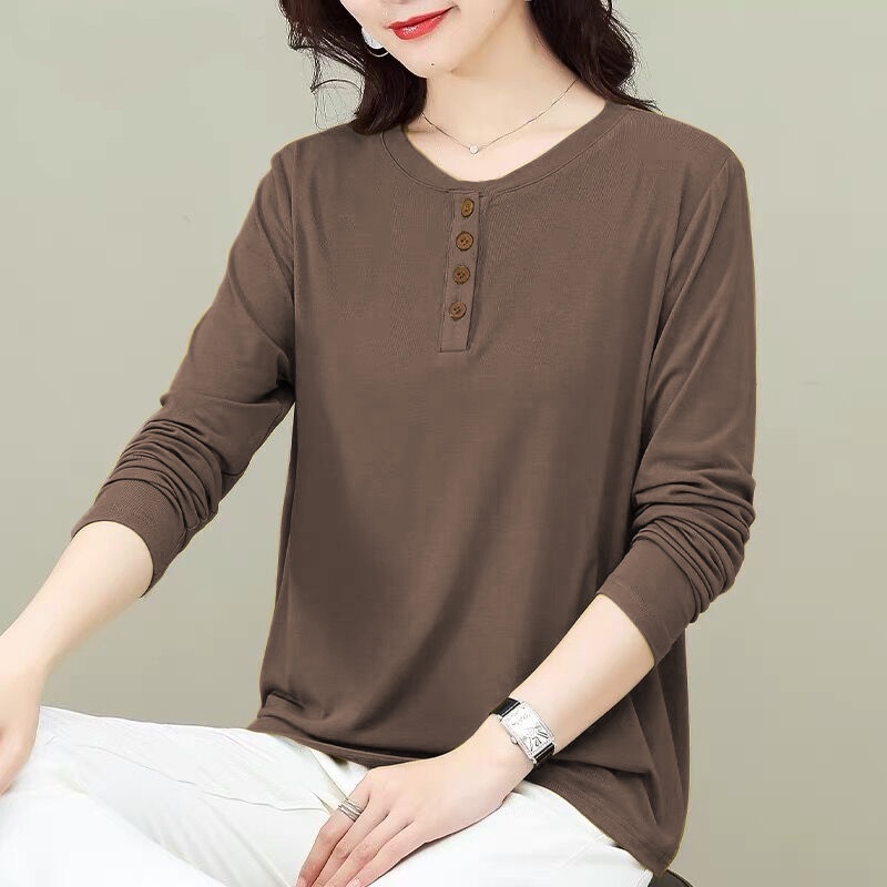 เสื้อยืดลําลอง แขนยาว สีโมโนโครม เรียบง่าย สําหรับสตรี