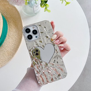 เคสโทรศัพท์มือถือชุบไฟฟ้า ลายหัวใจ พร้อมกระจก สําหรับ iPhone XR 11 11Pro 11promax X XSmax 12 12Pro 13Promax 14plus 12promax 13 13Pro 14 14Pro 14promax 11