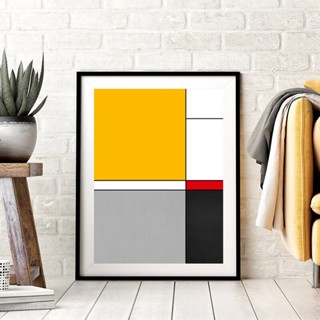 Piet Mondrian โปสเตอร์ผ้าใบ พิมพ์ลายเรขาคณิต สีเหลือง สีดํา สําหรับตกแต่งผนัง 0711