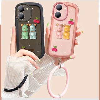 พร้อมส่ง เคสโทรศัพท์มือถือแบบนิ่ม ใส กันกระแทก ลายการ์ตูนหมี เชอร์รี่ 3D พร้อมสายคล้องข้อมือ สีหวาน แฟชั่น สําหรับ VIVO Y27 4G 5G Y78 5G Y02T