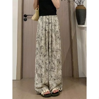 1416 Ice silk wide-leg pants womens summer high waist drape ink tie-dye new Chinese style casual mopping sunscreen pant