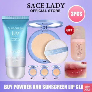 [FREE GIFT] SACE LADY 3PCS Setting Powder &amp; Sunscreen &amp; Lip Glaze Moisturizing Oil Control Base Makeup Waterproof And Anti -sweat -proof Makeup Set Makeup Set [hotmax]