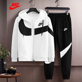 Nike ของแท้ 100% ชุดวอร์ม เสื้อคาร์ดิแกน มีฮู้ด และกางเกงวอร์ม แต่งตะขอ ขนาดใหญ่ สําหรับผู้ชาย