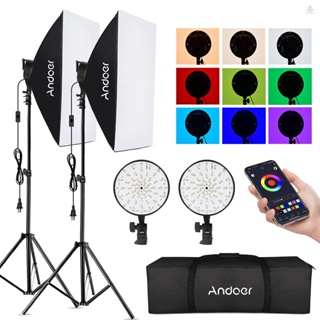 Andoer ชุดไฟซอฟท์บ็อกซ์ RGB ควบคุมผ่านแอป พร้อมซอฟท์บ็อกซ์ 20*28 นิ้ว 2 ชิ้น ไฟ RGB 50W 3200K-5500K 2 ชิ้น ขาตั้งไฟ 2 เมตร 2 ชิ้น กระเป๋าพกพา 1 ชิ้น สําหรับไลฟ์สด ถ่ายทอดสด