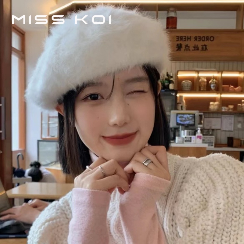 Misskoi [พร้อมส่ง] หมวกเบเร่ต์ ผ้ากํามะหยี่ขนนิ่ม ขนาดใหญ่ ลายกระต่าย สีขาว สไตล์เกาหลี ญี่ปุ่น แฟชั่นฤดูใบไม้ร่วง ฤดูหนาว สําหรับผู้หญิง