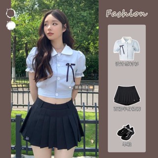 ((พร้อมส่ง) เสื้อเชิ้ตแขนสั้น กระโปรงสั้น แขนพัฟ จับจีบ แฟชั่นฤดูร้อน สําหรับผู้หญิง