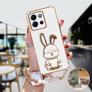 เคสโทรศัพท์มือถือแบบนิ่ม TPU ลายการ์ตูนกระต่ายน่ารัก 3D พร้อมสายคล้อง ประดับลูกปัด สําหรับ Infinix Note 30 Pro 30i VIP Hot Play Smart 7 Plus HD 4G 5G