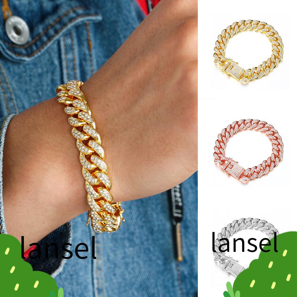 Lansel ใหม่ สร้อยข้อมือโซ่ ฝังเพชร พลอยเทียม กว้าง 12 มม. สไตล์ฮิปฮอป หรูหรา แฟชั่น สําหรับผู้หญิง และผู้ชาย