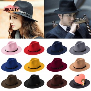 BEAUTY Felt Fedora หมวกปีกกว้าง หมวกแจ๊ส ปานามา หัวเข็มขัด สําหรับผู้ชาย และผู้หญิง