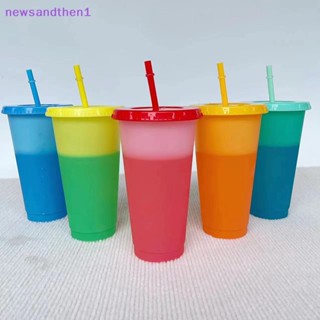 Newsandthen1 แก้วน้ําพลาสติก เปลี่ยนสีได้ 24 ออนซ์ พร้อมฝาปิด และหลอดดูด สําหรับปาร์ตี้ฤดูร้อน 5 ชิ้น