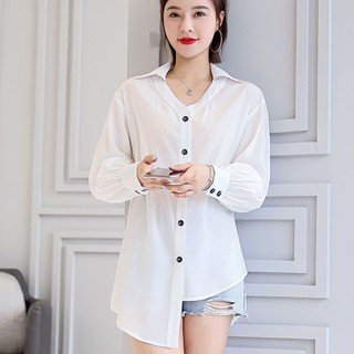 เสื้อเชิ้ต ผ้าชีฟอง สีแดง ยาวปานกลาง ปิดหน้าท้อง ทรงไม่สม่ําเสมอ แฟชั่นฤดูใบไม้ผลิ และฤดูใบไม้ร่วง สําหรับผู้หญิง 2023