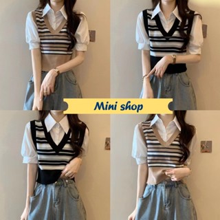 Mini shop🌸พร้อมส่ง🌸 (03032) เสื้อแขนสั้นไหมพรม เย็บทับ2ชั้น คอปกดีเทลลายทาง  -C