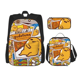 3 in 1 Gudetama กระเป๋าเป้สะพายหลัง ใส่หนังสือ พิมพ์ลาย พร้อมกระเป๋าใส่กล่องอาหารกลางวัน ดินสอ สําหรับเดินทาง