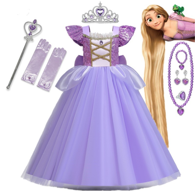 Nnjxd ชุดเดรสเจ้าหญิงราพันเซล คริสต์มาส ฮาโลวีน ปาร์ตี้ คอสเพลย์ พันกัน แต่งเลื่อมลูกไม้ สําหรับเด็กผู้หญิง วันเกิด