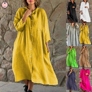 Women Cotton Linen Casual Button Up Solid Long Sleeve Maxi Loose Shirt Dress