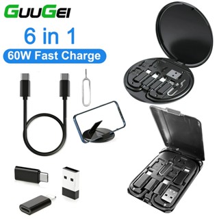 Guugei 6 In 1 ชุดกล่องเก็บสายชาร์จ USB 60W แบบพกพา อเนกประสงค์ พร้อมที่วางโทรศัพท์