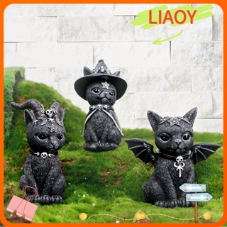 Liaoy รูปปั้นแมวปีศาจ สีดํา สําหรับตกแต่งปาร์ตี้ฮาโลวีน ในร่ม และกลางแจ้ง