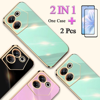 2 IN 1 เคสโทรศัพท์ TPU ชุบไฟฟ้า ขอบตรง พร้อมฟิล์มเซรามิก กันรอยหน้าจอโค้ง สําหรับ Tecno Camon 20 Pro 5G