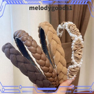 Melodygoods1 ที่คาดผม แบบกว้าง ลายสก๊อต ประดับมุก สีพื้น แฟชั่นฤดูใบไม้ร่วง ฤดูหนาว สําหรับผู้หญิง