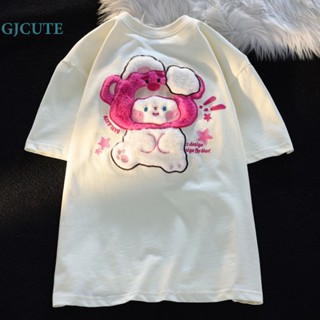 Gjcute เสื้อยืดลําลอง แขนสั้น คอกลม ปักลายกระต่าย ทรงหลวม แฟชั่นฤดูร้อน สําหรับสตรี WTD