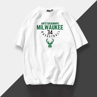 [100% Cotton]Milwaukee Bucks Icon #34 Giannis Antetokounmpo Tshirt NBA Basketball Training Uniform แฟชั่นแขนสั้นผ้าฝ้าย