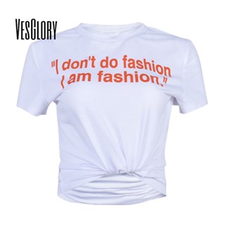 Vesglory เสื้อครอปท็อป คอกลม แขนสั้น พิมพ์ลาย สีตัดกัน เซ็กซี่ สําหรับผู้หญิง 2023