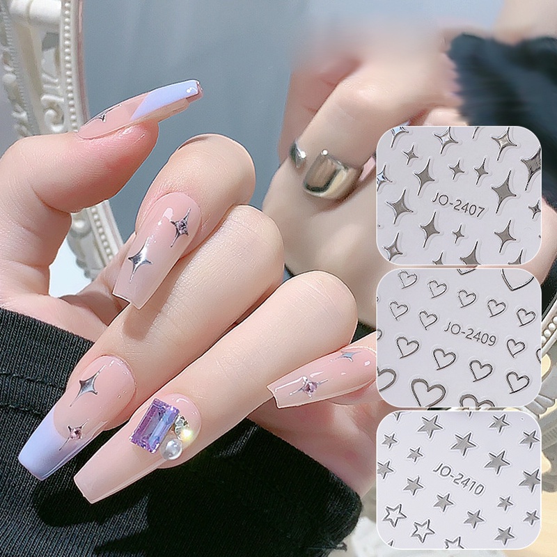 สติกเกอร์กระจกโลหะ รูปดาว หัวใจ 3 มิติ สีเงิน สําหรับตกแต่งเล็บ DIY