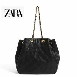 Zara Niche กระเป๋าสะพายไหล่ กระเป๋าถือ แบบนิ่ม แต่งสายโซ่คล้อง ทรงบักเก็ต ลายตารางหมากรุก