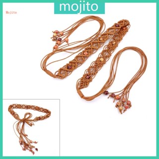 Mojito เข็มขัดลูกปัดถัก แบบบาง สไตล์โบฮีเมียน สีน้ําตาล สําหรับผู้หญิง