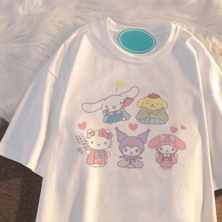 ผ้าฝ้ายเกาหลีญี่ปุ่น Cinnamoroll พิมพ์ Kuromi น่ารักแขนสั้นเสื้อยืดสาวหลวมขนาดใหญ่เสื้อ T Y2k ฤดูร้อน Tee