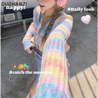 Duohanzi เสื้อกันหนาว คอวี แขนสั้น ลายทาง สีรุ้ง หวานแหวว