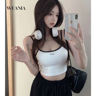 Weania ผู้หญิง ฤดูร้อน บล็อกสี เสื้อกล้ามครอป แบบบาง พร้อมแผ่นรองหน้าอก