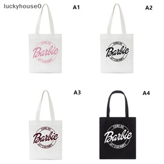 Luckyhouse0^^ กระเป๋าถือ กระเป๋าสะพายไหล่ กระเป๋าช้อปปิ้ง ผ้าแคนวาส ลายการ์ตูนตุ๊กตาบาร์บี้น่ารัก เซ็กซี่ สีชมพู สําหรับผู้หญิง