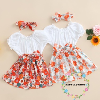 Babyclothes- ชุดเดรสแขนสั้น เปิดไหล่ ลายดอกไม้ พร้อมที่คาดผม แฟชั่นฤดูร้อน สําหรับเด็กผู้หญิง