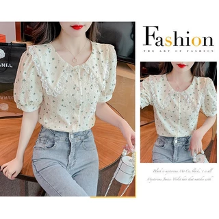 พร้อมส่งจากไทย เสื้อตุ๊กตาปกออกแบบหวานน่ารัก ดอกไม้แขนพอง เสื้อเชิ้ตแขนสั้นผู้หญิงสีเหลือง