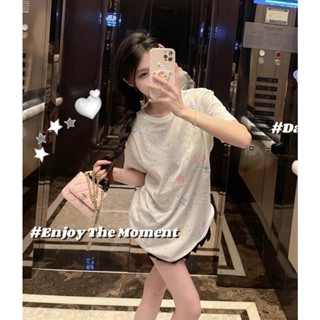 Xiaoxiangjia เสื้อยืดแขนสั้น ประดับลูกปัดเลื่อม 23 สไตล์แฟชั่น สําหรับผู้หญิง @-