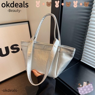 Okdeals กระเป๋าสะพายไหล่ลําลอง หนัง PU ทรงบักเก็ต ความจุขนาดใหญ่ สีพื้น แฟชั่นสําหรับสตรี