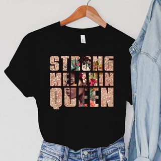 เสื้อยืด พิมพ์ลายตัวอักษร Queen สีดํา สไตล์วินเทจ สวยงาม สําหรับผู้หญิง