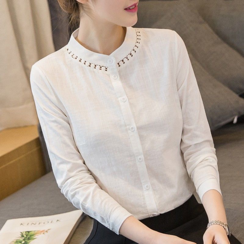 เสื้อเชิ้ตแขนยาว ผ้าฝ้าย และผ้าลินิน แบบเข้ารูป สไตล์เกาหลี สําหรับผู้หญิง 2023