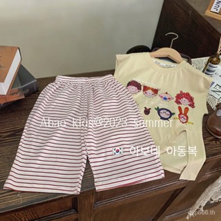 Girls short-sleeved T-shirt summer girls Korean-style split short-sleeved printed mid-length T-shirt striped wide-leg pants two-piece fashionable VNJO