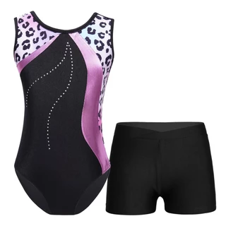 Yeahdor เด็กผู้หญิงแขนกุด Patchwork พิมพ์ Leotard พร้อมกางเกงขาสั้นคาดเอวด้านหน้า V สําหรับเต้นรํายิมนาสติก Stage Performance