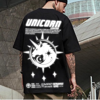 National Trendy oversize Unicorn hiphop Short-Sleeved T-Shirt Men Women Trend Personality Reflective Printed Round _02