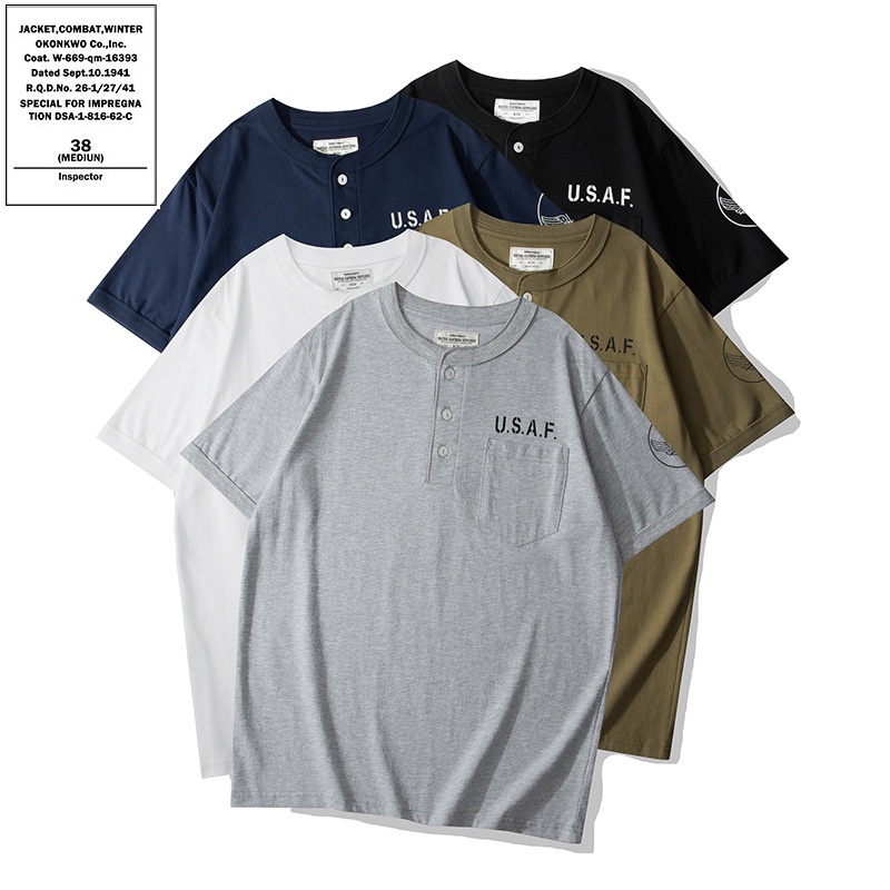 OKONKWO 200g USAF เสื้อยืดคอเฮนรี่พิมพ์ลายทหาร