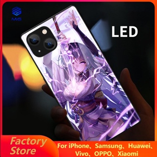 Mg Genshin เคสโทรศัพท์มือถือแบบแก้ว มีไฟกระพริบ LED สําหรับ iPhone 14Promax 14Plus 13Promax 12ProMax 7plus 8plus XR XS X XSMAX 11ProMax 11pro