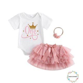 Babyclothes- ชุดรอมเปอร์ แขนสั้น พิมพ์ลายตัวอักษร มงกุฎ สีขาว และกระโปรง สีชมพู และที่คาดผม แฟชั่นฤดูร้อน สําหรับเด็กผู้หญิง