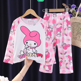 ใหม่ ชุดนอน เสื้อแขนยาว ลายการ์ตูน Sanrio Kuromi Melody และกางเกงขายาว สองชิ้น แฟชั่นฤดูใบไม้ผลิ และฤดูใบไม้ร่วง สําหรับเด็กผู้ชาย และเด็กผู้หญิง 2023