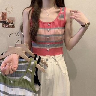 🧡Crush🧡 เสื้อกั๊ก เสื้อถัก Halter  วินเทจ stripes เสื้อกั๊กสั้น Slim Fit Y.0055