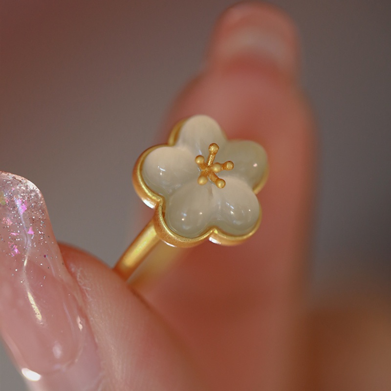 แหวนหยก ชุบทอง 24K รูปดอกพลัม สามารถปรับได้ เหมาะกับของขวัญ สําหรับผู้หญิง