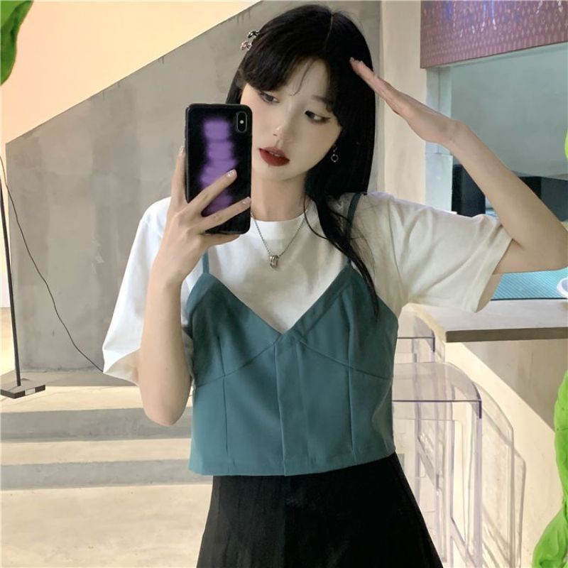 Gugu .L～แขนสั้น ประกบกันรุ่นสั้นเสื้อยืดแขนสั้น เวอร์ชั่นเกาหลีหวานและเซ็กซี่สดชื่นอ่อนโยนดูผอมบางแขนสั้น#VL00296